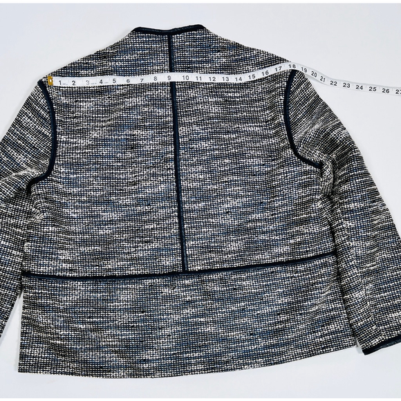 Lafayette 148 New York Woman’s Blazer Blue White Jacket, Size L Leather Trim - Picture 10 of 16